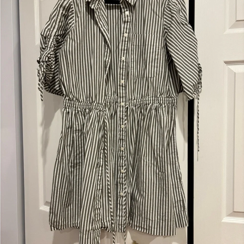 LOFT Gray and White Striped Midi Dress - Picture 1 of 4